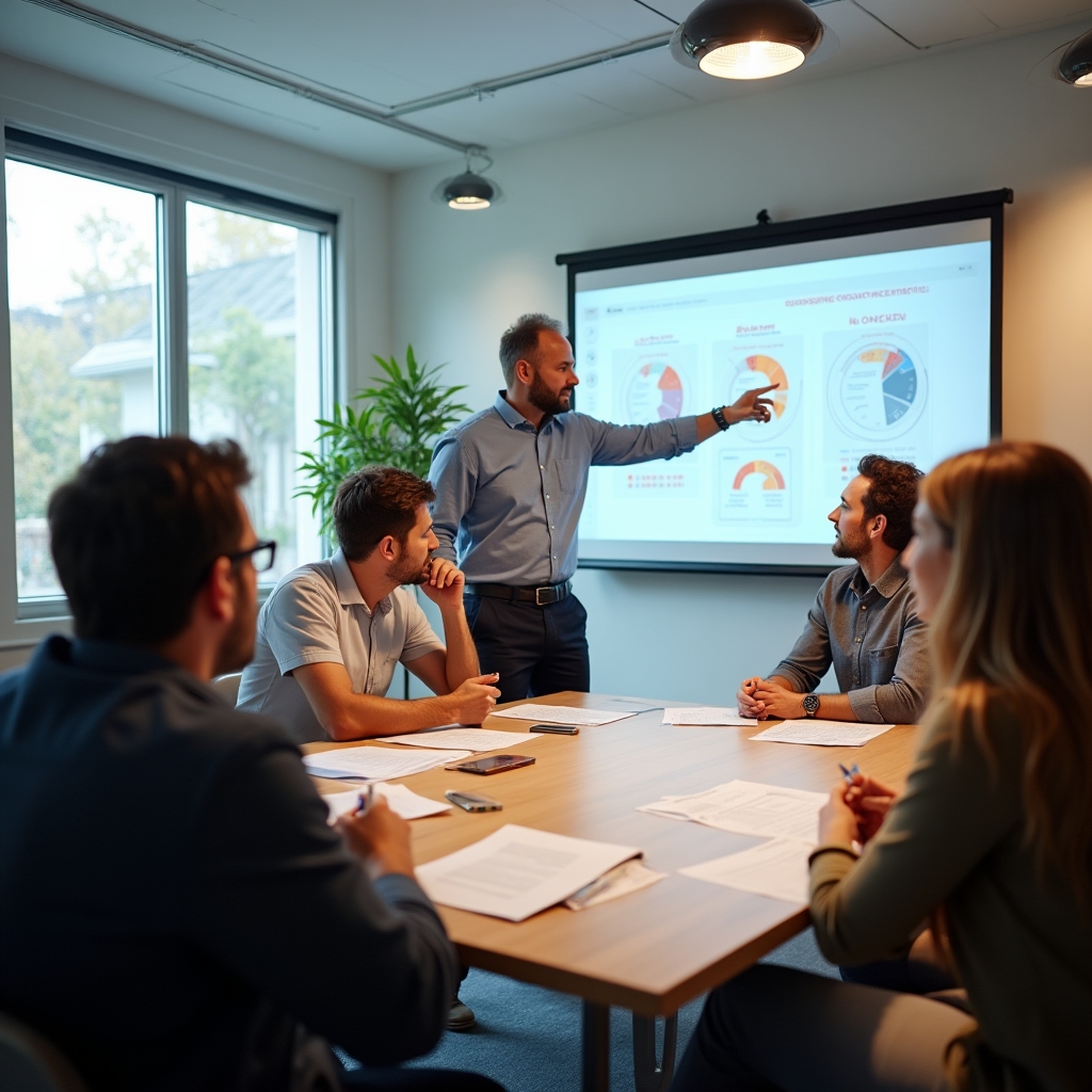 Sessione formativa sull'efficienza energetica nelle lavanderie self-service con partecipanti attorno a un tavolo