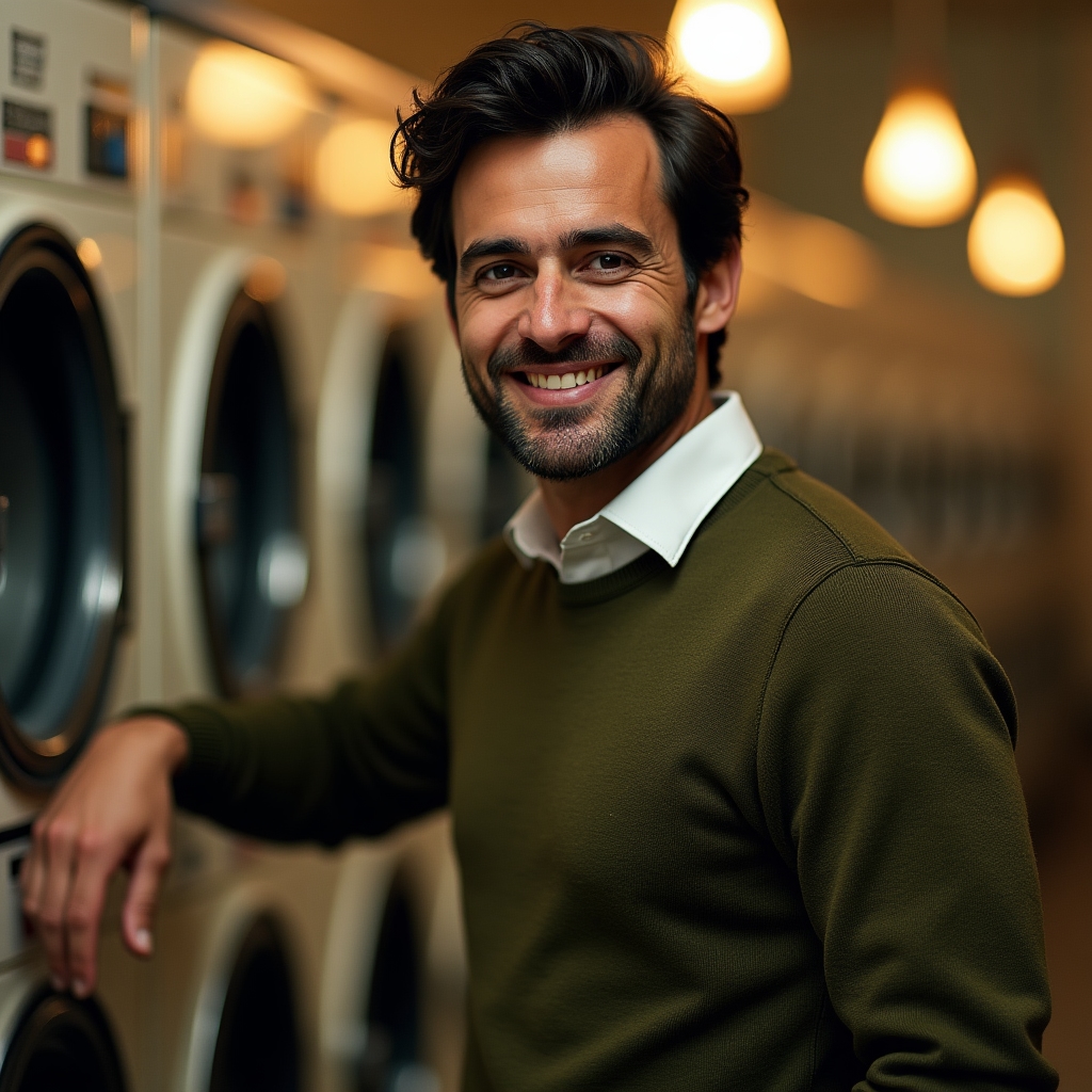 Luca Bernardini, esperto di customer experience e fidelizzazione per lavanderie self-service, in piedi vicino a lavatrici